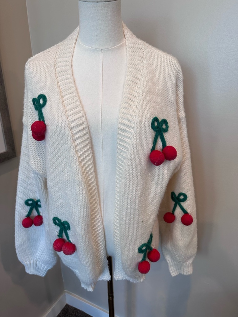 Luna Ivy 3D Cherry Pom Pom Chunky Knit Cardigan Size M Coquette Whimsical Ivory